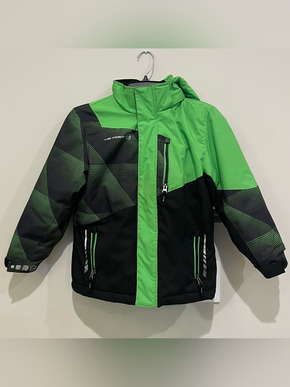 Free Country Winter Jacket Lime Green Black Hood Strap Cuffs Ski Coat Boys 5/6